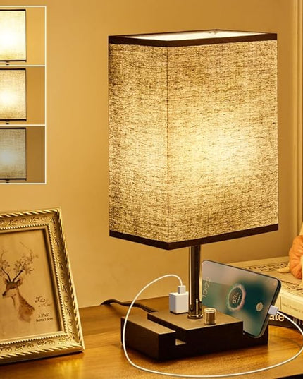 Fully Dimmable Nightstand Lamp for Bedroom with AC Outlet, Table Lamp with Two Phone Stands, Bedside Lamps, Desk Lamp for Bedroom, Living Room, LED Bulb Included Black - LeafyLoom