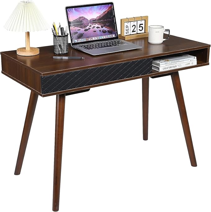 GAOMON Modern Home Office Writing Desk, 42 Inch Computer Table Desk with Drawers, Simple Mid Century Modern Desk, Walnut - LeafyLoom