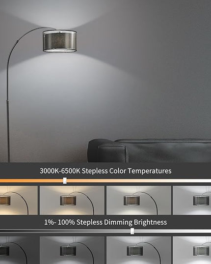 73" H Arc Floor Lamp with Remote Control, E26 40Watts LED Bulb, Stepless Color Temperature & Brightness Control, 30/60Mins Timer Function, Adjustable Height & Width for Living Room(Black) - LeafyLoom