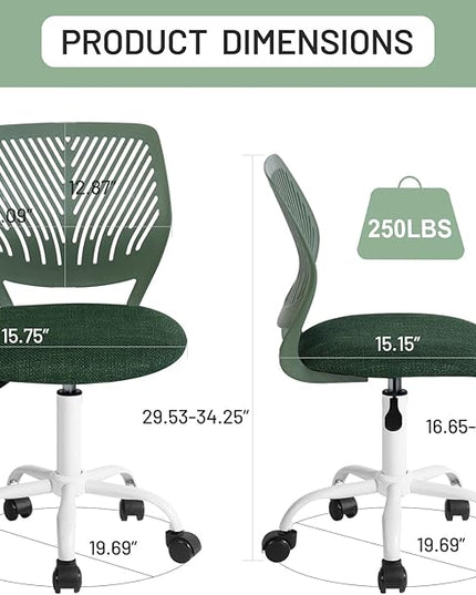 FurnitureR Kids Desk Chair, Home Office Chair Small Armless Cute with Padded Fabric Cushion and Plastic Mid Back Rolling Adjustable Swivel Computer Task Chair for Child Student, Dark Green - LeafyLoom