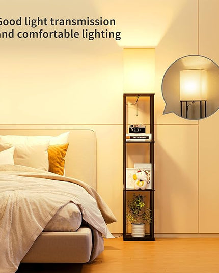 SUNMORY Floor Lamp with Shelves, Modern Square Standing Lamp with 3 Color Temperature Bulb, Corner Display Bookshelf Lamp for Living Room and Bedroom(Black) - LeafyLoom