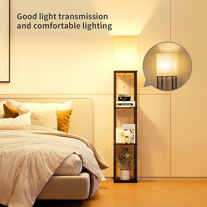 SUNMORY Floor Lamp with Shelves, Modern Square Standing Lamp with 3 Color Temperature Bulb, Corner Display Bookshelf Lamp for Living Room and Bedroom(Black) - LeafyLoom