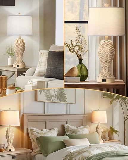 TOBUSA Rattan Table lamps for Bedroom Set of 2, 26.5inch Woven Bedside Lamps with USB C+A, Farmhouse Table Lamps for Nightstand, Coastal Seagrass Lamps for Living Room, End Table (E26 Bulbs Included) - LeafyLoom