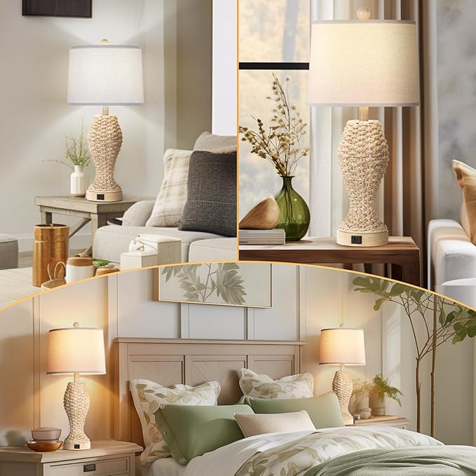 TOBUSA Rattan Table lamps for Bedroom Set of 2, 26.5inch Woven Bedside Lamps with USB C+A, Farmhouse Table Lamps for Nightstand, Coastal Seagrass Lamps for Living Room, End Table (E26 Bulbs Included) - LeafyLoom
