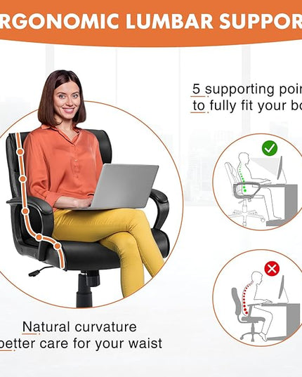 Sweetcrispy Executive Office Chair with Padded Armrests Mid Back Lumbar Support and Adjustable Height & Tilt Angle, PU Leather Swivel Rolling, Modern Black - LeafyLoom
