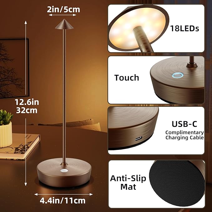 Cordless Rechargeable Table Lamp-6000mAh Outdoor Waterproof Battery Operated Table Light-LED Touch Dimmable Desk Lamps-Patio Dining Restaurant Home Living Room Brown - LeafyLoom