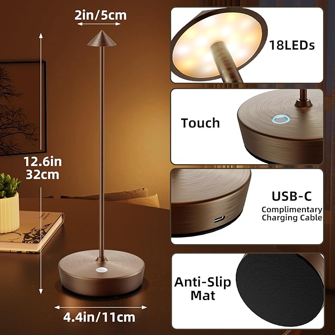 Cordless Rechargeable Table Lamp, 6000mAh Outdoor Waterproof Battery Operated Table Light LED Touch Dimmable Desk Lamps for Patio Dining Restaurant Home Living Room Set of 2 Brown - LeafyLoom