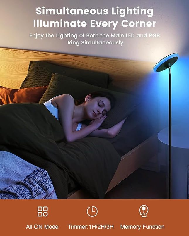 42W Floor Lamp, 3700LM Super Bright Standing Lamp with Side Light & Timer, Tall Lamp with Remote & Touch Control, 2700K-6500K Dimmable Torchiere Floor Lamp for Living Room, Office (Black) - LeafyLoom