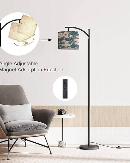 Modern Arc Floor Lamp with Dimmer Mid Century Seamless Vintage Rose Navy Metal Standing Lamp with Linen Shade Footswitch for Living Room Bedroom Office - LeafyLoom