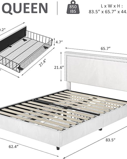 VECELO Queen Size Upholstered Platform Bed Frame with 4 Storage Drawers, Adjustable Velvet Rivets Headboard, Wooden Slats Support, No Box Spring Needed, Easy Assembly - LeafyLoom