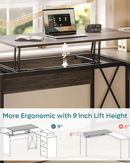 Bestier Lift Top L Shaped Desk with File Drawer, 55'' x 55'' Office Desk with Reversible Storage Drawers, L Shaped Standing Desk with Computer Monitor Stand (Retro Grey Oak Dark, 55'' x 55'') - LeafyLoom