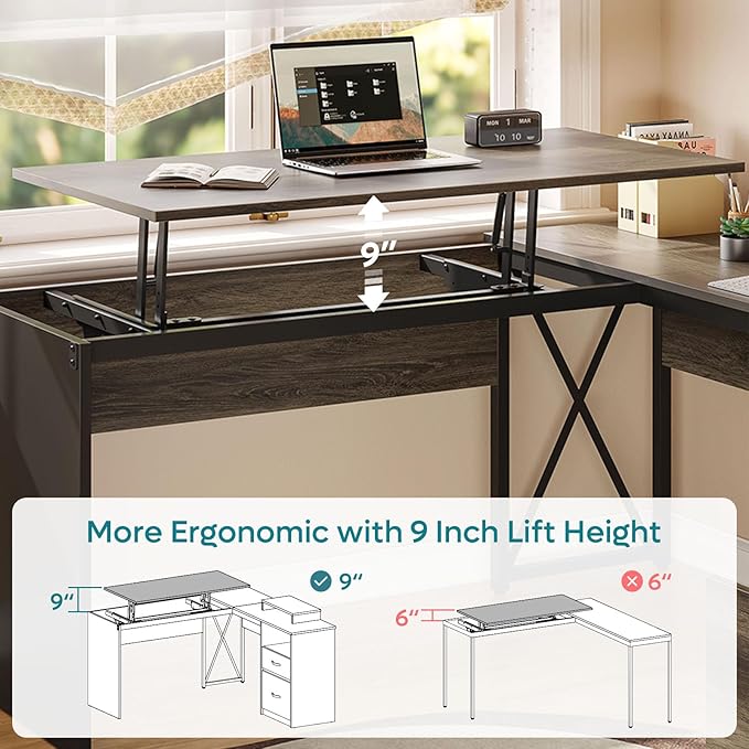 Bestier Lift Top L Shaped Desk with File Drawer, 55'' x 55'' Office Desk with Reversible Storage Drawers, L Shaped Standing Desk with Computer Monitor Stand (Retro Grey Oak Dark, 55'' x 55'') - LeafyLoom