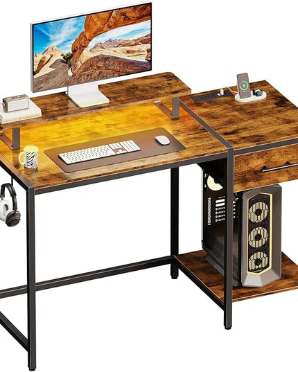 Computer Desk with Drawer and Power Outlets, 47" Office Desk with Monitor Stand and Led Lights, Work Desk for Home Office,Sturdy Writing Desk with Shelves and 2 Headphone Hooks,Rustic Brown - LeafyLoom