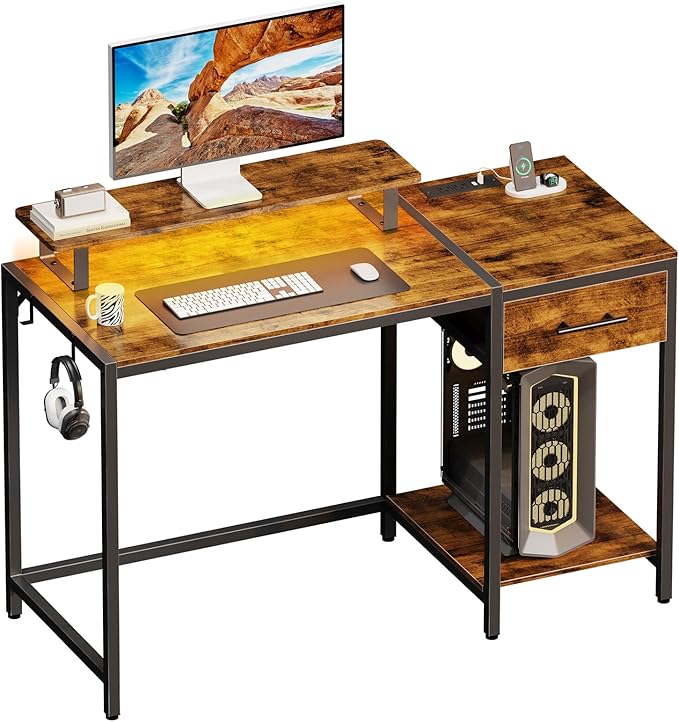 Computer Desk with Drawer and Power Outlets, 47" Office Desk with Monitor Stand and Led Lights, Work Desk for Home Office,Sturdy Writing Desk with Shelves and 2 Headphone Hooks,Rustic Brown - LeafyLoom