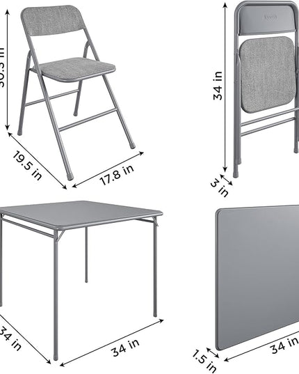 COSCO Premium 5-Piece Dining Set, with 34" Vinyl Top Card Table and 4 Fabric Padded Seat & Back Folding Chairs, Gray - LeafyLoom