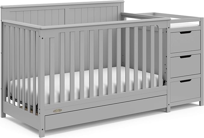 Graco Hadley 5-in-1 Convertible Crib and Changer with Drawer (Pebble Gray) – Crib and Changing-Table Combo with Drawer, Includes Changing Pad, Converts to Toddler Bed, Daybed and Full-Size Bed - LeafyLoom