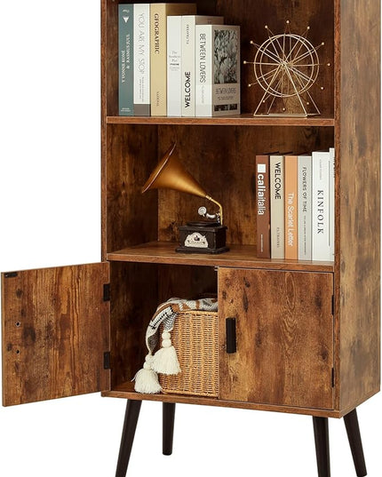 usikey 48.4" H Boho Bookcase, Retro Bookshelf with Doors & 2-Tier Shlef, Mid-Century Modern Storage Cabinet for Bedroom, Study, Living Room, Office, Library, Brown - LeafyLoom
