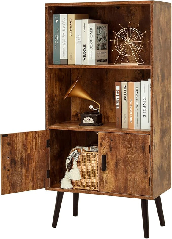 usikey 48.4" H Boho Bookcase, Retro Bookshelf with Doors & 2-Tier Shlef, Mid-Century Modern Storage Cabinet for Bedroom, Study, Living Room, Office, Library, Brown - LeafyLoom