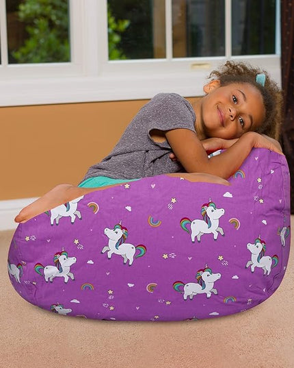 Posh Creations Bean Bag Chair for Kids, Teens, and Adults Includes Removable and Machine Washable Cover, 27in - Medium, Canvas Unicorn and Rainbows on Purple - LeafyLoom