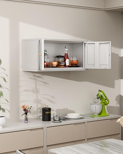 Metal Wall Cabinet, Metal Accent Storage Cabinet with Doors for Kitchens, Dining, and Living rooms, Assembly Required - LeafyLoom