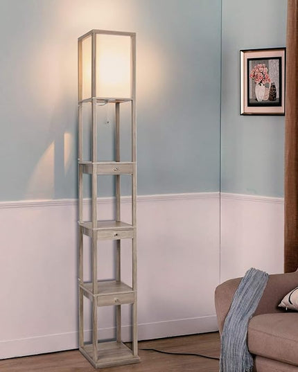 Brightech Maxwell Drawer Edition - Modern Shelf Floor Lamp with Drawer - Corner Display Floor Lamps with Shelves for Living Room, Bedroom and Office - Rustic Wood - LeafyLoom
