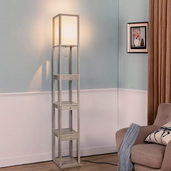 Brightech Maxwell Drawer Edition - Modern Shelf Floor Lamp with Drawer - Corner Display Floor Lamps with Shelves for Living Room, Bedroom and Office - Rustic Wood - LeafyLoom