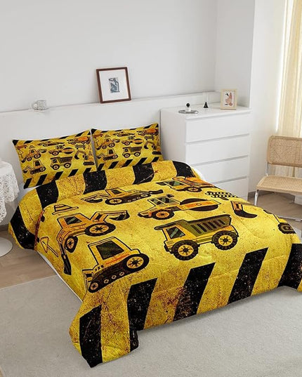 Tractor Bedding Set Full Size, Equipment Truck Comforter Set, Construction Excavator Down Comforter, Yellow Vehicle Super Soft Quilt Set For Kids Boys Teens, Construction Site Car Comforter Decor - LeafyLoom
