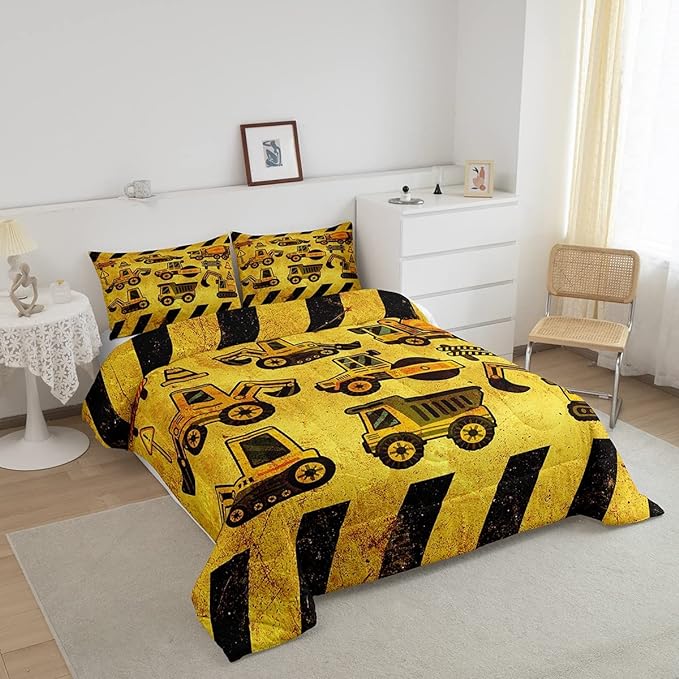 Tractor Bedding Set Full Size, Equipment Truck Comforter Set, Construction Excavator Down Comforter, Yellow Vehicle Super Soft Quilt Set For Kids Boys Teens, Construction Site Car Comforter Decor - LeafyLoom