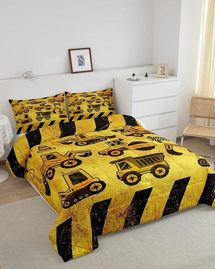 Boys Excavator Bedding Set Queen Size Kids Construction Vehicles Comforter For Kids Children Cartoon Machinery Truck Comforter Set Construction Site Cars Tractor Duvet Set 3Pcs With 2 Pillow Cases - LeafyLoom