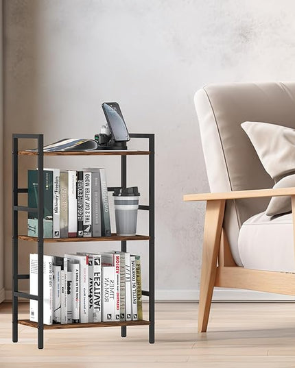 CADUKE 3 Tier Bookshelf Industrial Small Bookcase Wood and Metal Book Shelf Rustic Etagere Bookshelf Brown Bookshelves with Storage for Home Office Living Room Bedroom - LeafyLoom