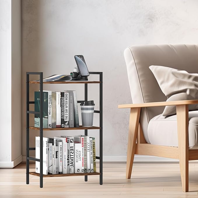 CADUKE 3 Tier Bookshelf Industrial Small Bookcase Wood and Metal Book Shelf Rustic Etagere Bookshelf Brown Bookshelves with Storage for Home Office Living Room Bedroom - LeafyLoom