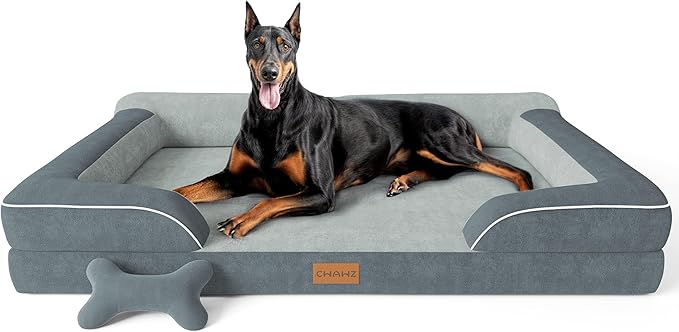 XXL Dog Bed for Extra Large Dogs, Giant Orthopedic Dog Beds with Cooling Gel Memory Foam, Waterproof Pet Bed with Removable Washable Cover, 53" Pet Sofa Bed Velvet with Bone Toy, Dark Gray LeafyLoom