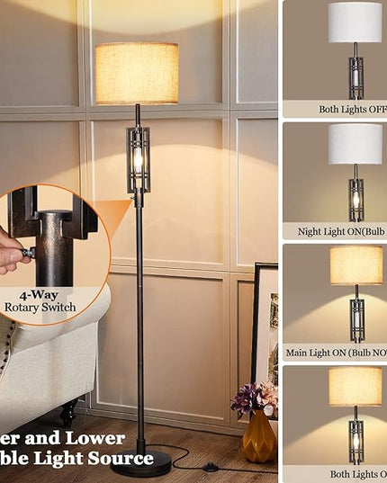 SURAIELEC Farmhouse Floor Lamp with LED Nightlight Bulb, Rustic Tall Lamps for Cabin, Traditional Standing Lamps for Bedroom, Beige Linen Drum Shade, Oil Rubbed Bronze Finish, Foot Switch - LeafyLoom