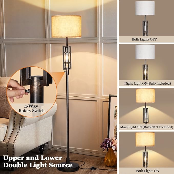SURAIELEC Farmhouse Floor Lamp with LED Nightlight Bulb, Rustic Tall Lamps for Cabin, Traditional Standing Lamps for Bedroom, Beige Linen Drum Shade, Oil Rubbed Bronze Finish, Foot Switch - LeafyLoom