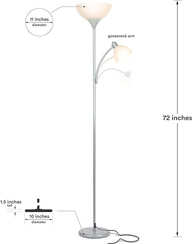 Brightech Sky Dome Plus LED Floor lamp, Torchiere Super Bright Floor Lamp with Reading Lamp for Living Rooms & Offices - Dimmable Tall Standing Lamp for Bedroom Reading - Silver - LeafyLoom