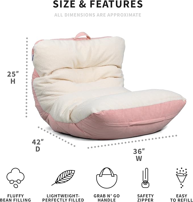 Big Joe Roma Bean Bag Chair, Oat Sherpa and Desert Rose, Vegan Suede, 3 feet - LeafyLoom