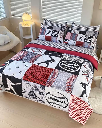 7 Piece Baseball Comforter Set Bed in A Bag Queen Size 3D Softball Sports Bedding Set for Boys Kids Microfiber Comforter All Season (1 Comforter, 1 Flat Sheet, 1 Fitted Sheet, 4 Pillowcase) - LeafyLoom