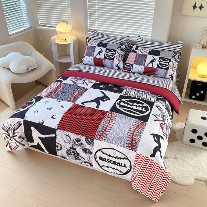 7 Piece Baseball Comforter Set Bed in A Bag Queen Size 3D Softball Sports Bedding Set for Boys Kids Microfiber Comforter All Season (1 Comforter, 1 Flat Sheet, 1 Fitted Sheet, 4 Pillowcase) - LeafyLoom