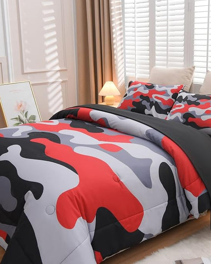 Meeting Story Camouflage Bedding Set, Colorful Pattern Style Comforter Set, 5 PCS One Comforter Two Pillowcases Two Sheets in One Bag, All Season Bedspread for Teens Adults (Red-Black, Full 5Pcs) - LeafyLoom
