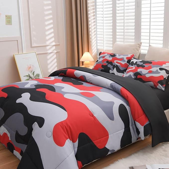 Meeting Story Camouflage Bedding Set, Colorful Pattern Style Comforter Set, 5 PCS One Comforter Two Pillowcases Two Sheets in One Bag, All Season Bedspread for Teens Adults (Red-Black, Full 5Pcs) - LeafyLoom