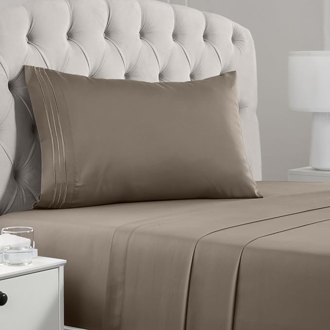 Mellanni Twin XL Sheets Set - 3 PC Iconic Collection Bedding Sheets & Pillowcases - Hotel Luxury, Extra Soft, Cooling Bed Sheets - Deep Pocket up to 16 inch (Twin Extra Long, Dark Taupe) - LeafyLoom