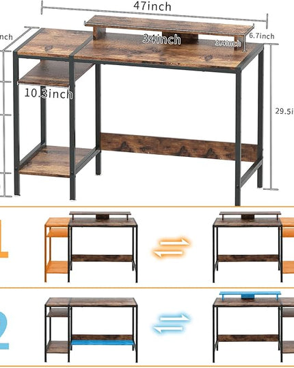 Gaming/Computer Desk - 47” Home Office Small Desk with Monitor Stand, Rustic Writing Desk for 2 Monitors, Adjustable Storage Space, Modern Design Corner Table. - LeafyLoom