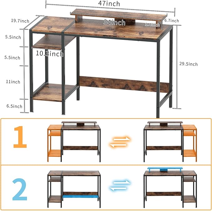 Gaming/Computer Desk - 47” Home Office Small Desk with Monitor Stand, Rustic Writing Desk for 2 Monitors, Adjustable Storage Space, Modern Design Corner Table. - LeafyLoom