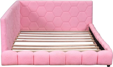 Full Size Upholstered Daybed Sofa Bed with L-shaped Headboard, USB Ports and LED Belt, Pink - LeafyLoom