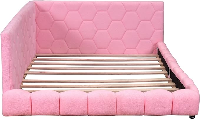 Full Size Upholstered Daybed Sofa Bed with L-shaped Headboard, USB Ports and LED Belt, Pink - LeafyLoom