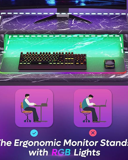 Bestier Small Gaming Desk with Monitor Stand, 42 inch LED Computer Desk, Gamer Workstation with Cup Holder & Headset Hooks, Modern Simple Style Desk for Home Office, Black Marble - LeafyLoom