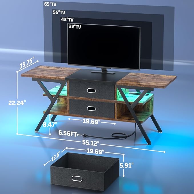 TV Stand for 55''/65'' TV - LED TV Stands with Power Outlets for Living Room, TV Entertainment Center with Storage, Modern Gaming TV Stand with Drawers for Bedroom, Entertainment Stand 55'', Vintage - LeafyLoom