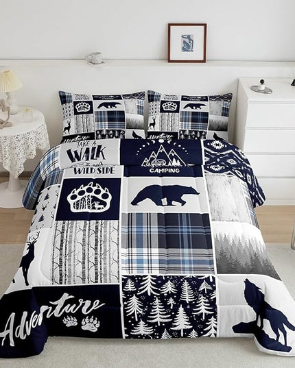 Manfei Deer Bear Kids Comforter Set Twin Size,Wolf Hunting Adventure Rustic Bedding Set for Boys Girls Adults Room Decor,Geometric Plaids Patchwork Down Comforter,Blue Xmas Duvet Insert,1 Pillowcase - LeafyLoom