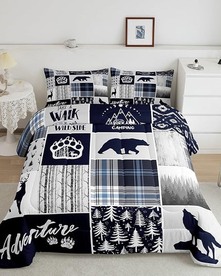 Manfei Deer Bear Kids Comforter Set King Size,Wolf Hunting Adventure Rustic Bedding Set for Boys Girls Adults Room Decor,Geometric Plaids Patchwork Down Comforter,Blue Xmas Duvet Insert,2 Pillowcases - LeafyLoom