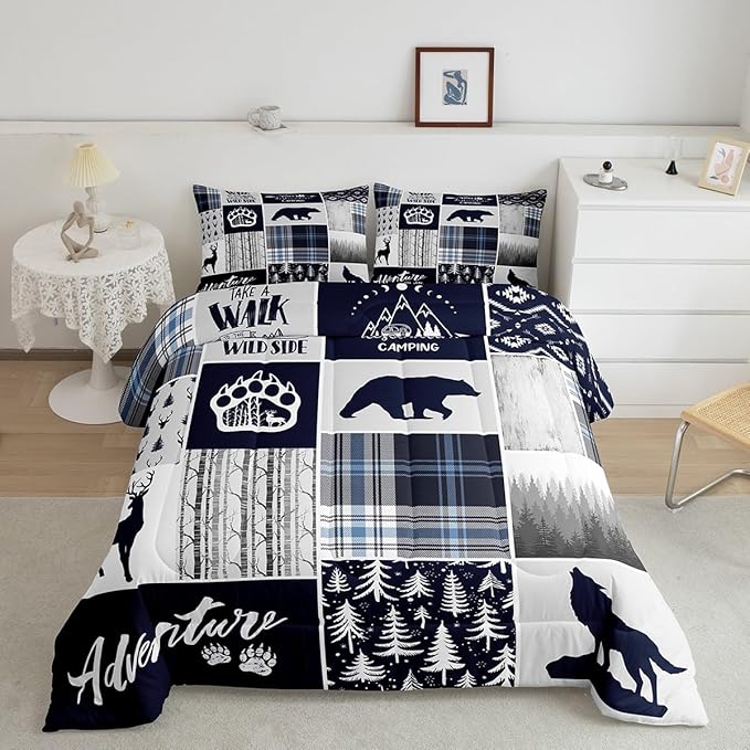Manfei Deer Bear Kids Comforter Set King Size,Wolf Hunting Adventure Rustic Bedding Set for Boys Girls Adults Room Decor,Geometric Plaids Patchwork Down Comforter,Blue Xmas Duvet Insert,2 Pillowcases - LeafyLoom